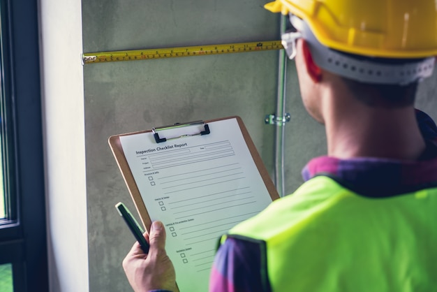 Foto defecto del inspector de oficial de capataz sobre el ingeniero y el trabajo de arquitecto la construcción de viviendas