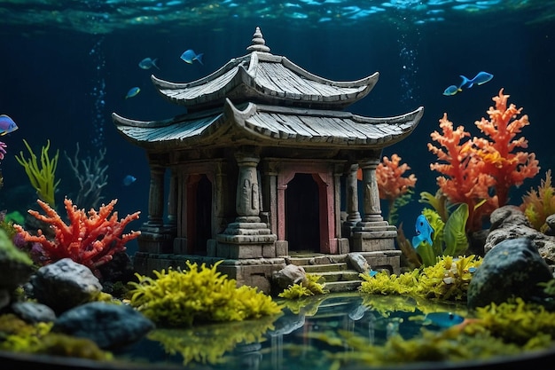 Foto por defecto ruinas de templos en miniatura rodeadas de peces