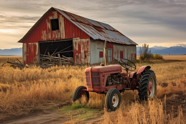 Defekter Traktor in der Nähe einer alten Scheune in ländlicher Landschaft, erstellt mit generativer KI