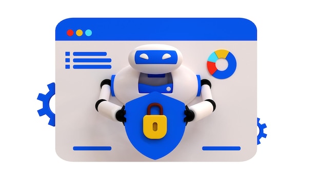 Defensor en línea de IA. Navegador de Internet y un robot con escudo en las manos. ilustración de procesamiento 3d