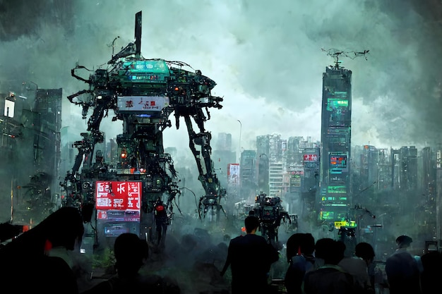 Defensor de robot gigante en la ciudad de taiwán rodeado de multitud de personas arte generado por red neuronal