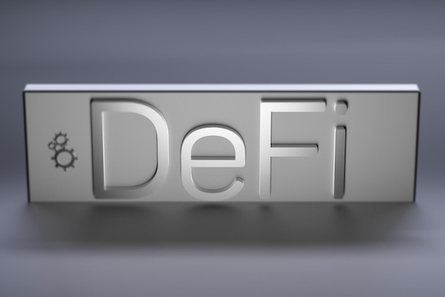 Defi descentralized finance blur texto metálico conceito de negócios 3d render