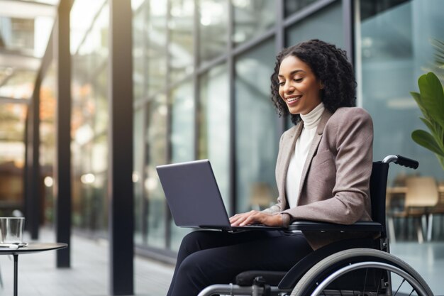 Deficiência de deficiência de uma mulher empregada profissional em cadeira de rodas trabalhando em seu laptop fora da mobilidade