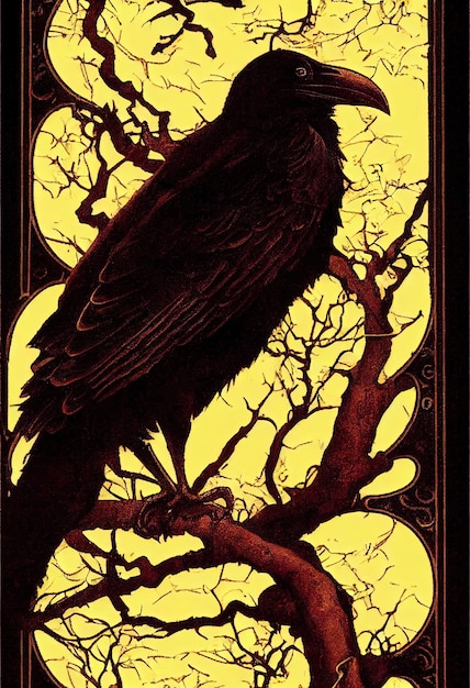Definindo o corvo preto nas silhuetas de fundo da lua de árvores e corvos Corvo em uma árvore Desenho feito à mão Ilustração de arte digital estilo Art Nouveau