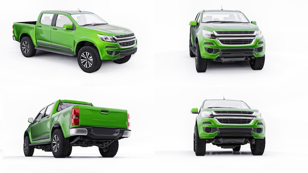 Definir carro pick-up verde sobre um fundo branco. renderização 3d.