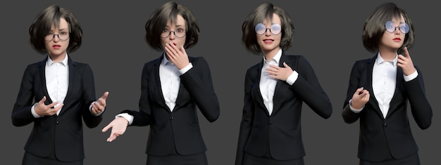 Definir coleção de retratos de uma bela mulher de negócios mostrando diferentes emoções isoladas na renderização de ilustração 3d de fundo preto