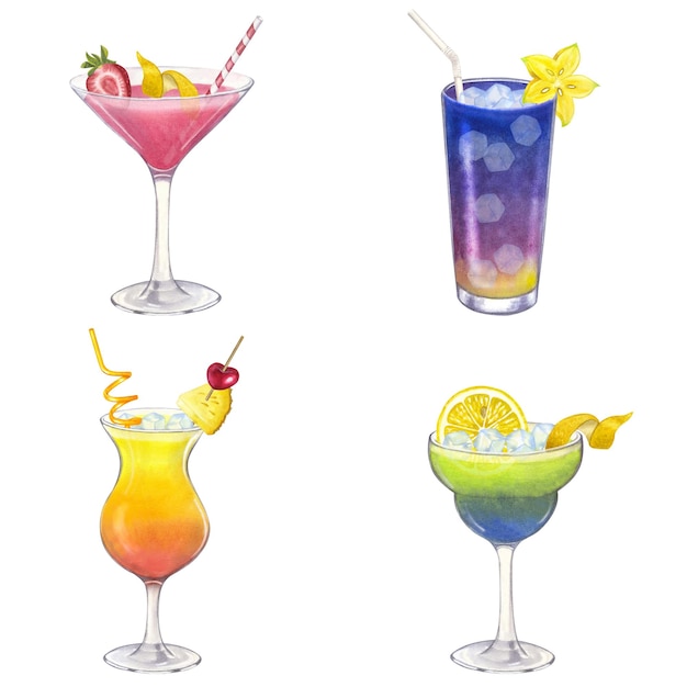 Definir coquetel de álcool na praia Martini Tequila Sunrise Daiquiri bebida Ilustração em aquarela desenhada à mão