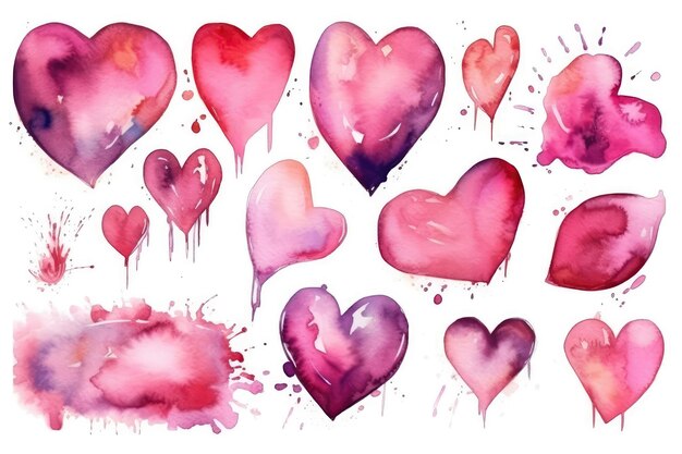 Definir corações aquarela rosa de amor generativa AI