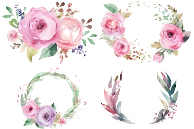 Definir grinalda de quadro do círculo de flores cor de rosa e galhos com folhas verdes AI