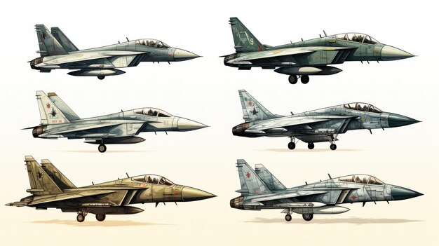 Definir ilustração de aviões de combate militares isolados em fundo branco