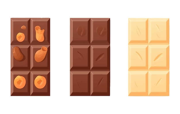 Definir ilustração vetorial de chocolate branco marrom e branco com nozes isoladas no fundo branco