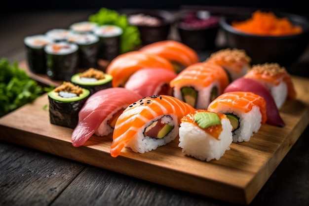 Definir refeição de arroz japonês rolo de sushi japonês frutos do mar comida de peixe IA generativa