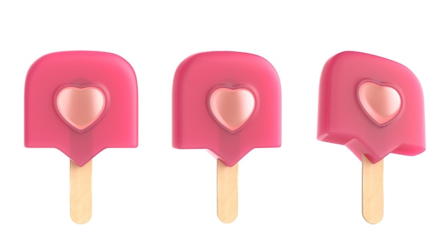 Definir sorvete rosa com ilustração de renderização 3d de doces congelados em forma de coração