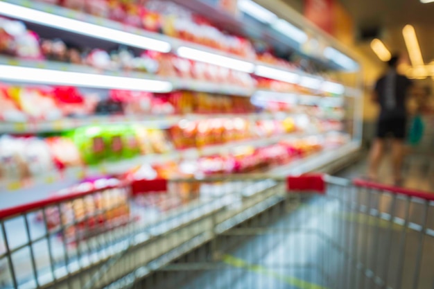 Defokussierte Unschärfe des Einkaufswagenkaufens beim Einkaufen von Fleischprodukten im Supermarkt