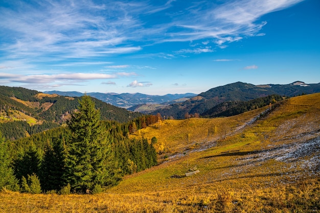 La deforestación en las montañas de los Cárpatos, vista en un hermoso día cálido y nublado