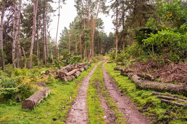 deforestación Paisaje de un bosque con troncos cortados Paisaje del bosque afectado por el calentamiento global