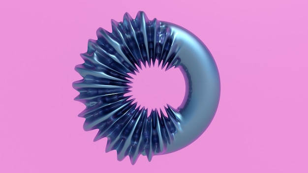 Deformación del anillo metálico azul. Fondo rosa. Ilustración abstracta, render 3d.