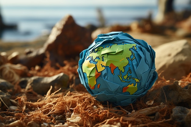 Degradação ambiental retratada por um modelo de Terra de papel arrugado