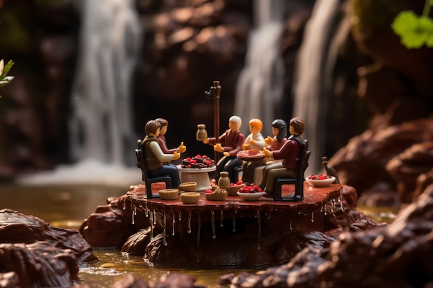 Degustação de miniaturas em frente a uma cachoeira de chocolate