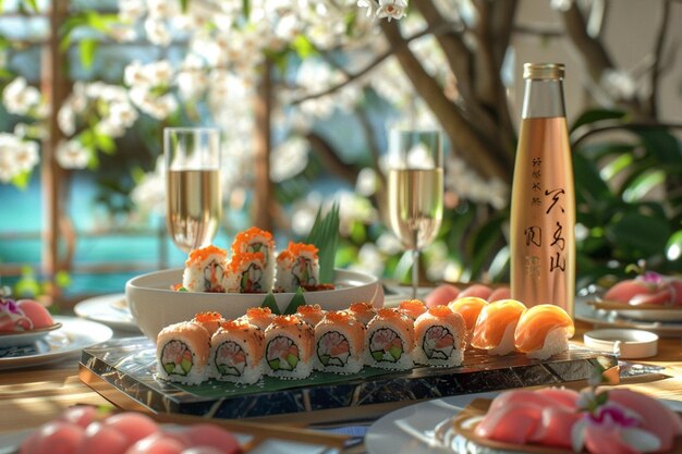 Foto degustación de sushi y sake para el día de la madre