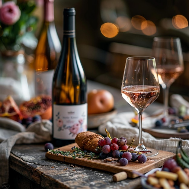 Degustación de vino en una mesa de madera con botellas y vasos