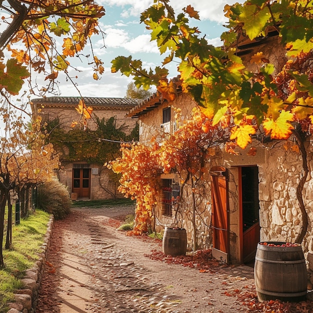 Degustación de vino de otoño en España Una casa de piedra con un barril