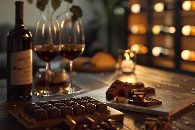 Foto degustación de vino y pastel de chocolate gourmet para el día de la madre