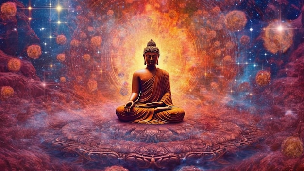 Deidad de Buda que crea el universo a partir del núcleo de la galaxia o IA generativa