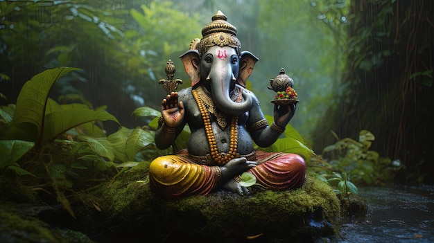 Deidad Ganesh meditando en el bosque Ilustración Generativa AI