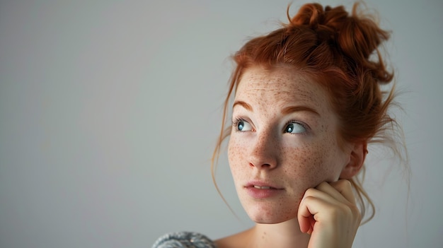 Deixe-me pensar em uma foto de estúdio de uma garota ruiva bonita com um nó de cabelo e sardas.