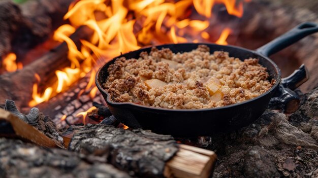 Foto deixe-se seduzir pelo último deleite à lareira, uma maçã deliciosamente doce e picante assada nas brasas.