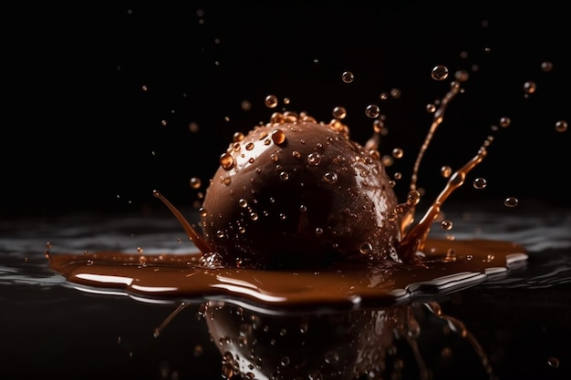 Se deja caer una bola de chocolate en el agua y se rodea de jarabe de chocolate.