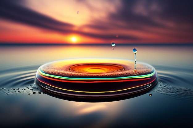 Se deja caer una gota de agua en una piscina con una puesta de sol de fondo.