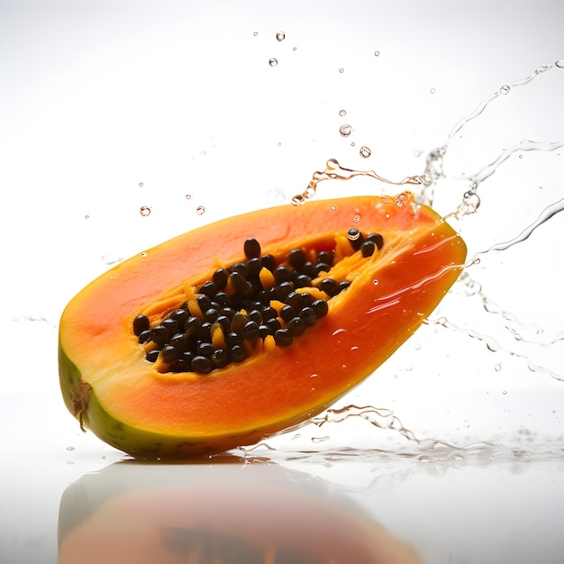 Se deja caer una papaya en el agua y la palabra papaya está a un lado.