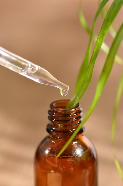 Dejar caer aceite esencial en una botella de vidrio en el gotero de aceite de fondo borroso con hojas verdes