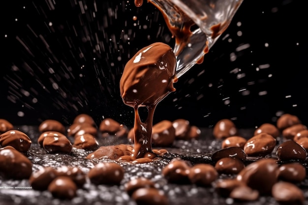Dejar caer chocolates en cacao líquido rica indulgencia y deleite sensorial IA generativa