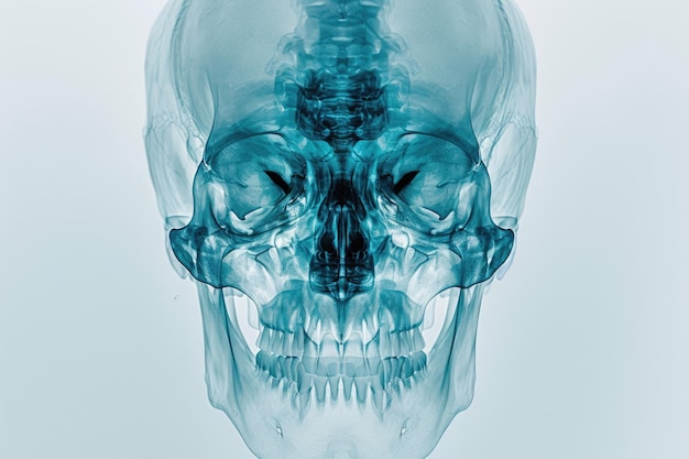 Déjese cautivar por la impactante imagen de la cabeza de un esqueleto azul que proporciona una vista inquietante y fascinante Película de rayos X 3D de un cráneo humano generado por IA