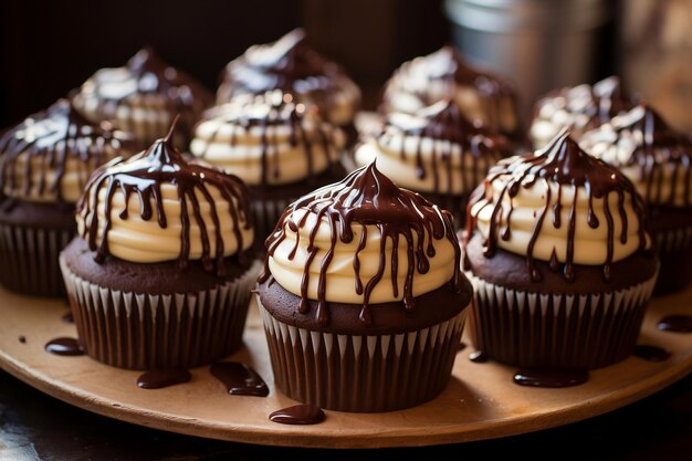 Dekadente Cupcakes mit Schokoladensoße beträufeltAI