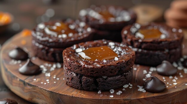 Dekadente Schokoladen-Brownies mit Karamellsauce auf rustikaler Holzplatte