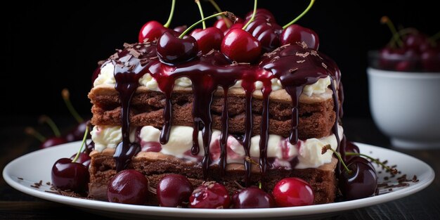 Foto dekadenter schokoladenkuchen geschmückt mit köstlichen kirschen ein dessert, das die sinne mit seinem