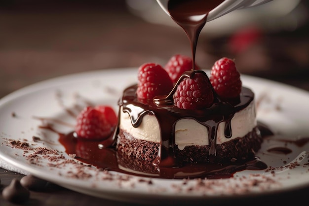 Dekadenter Schokoladenkuchen mit frischen Himbeeren