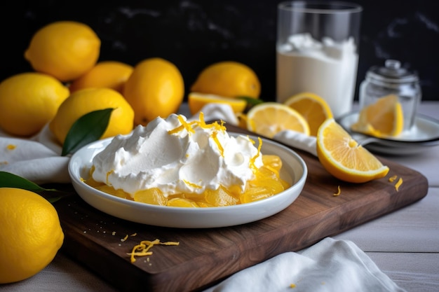 Dekonstruierter Zitronenkuchen mit Zitronenscheiben und Schlagsahne, kreiert mit generativer KI