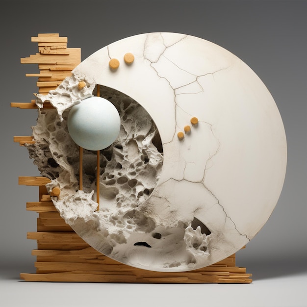Dekonstruktion moderne Keramikskulptur unvollständige Schönheit Sonne Mond Verbundmaterialien Holz