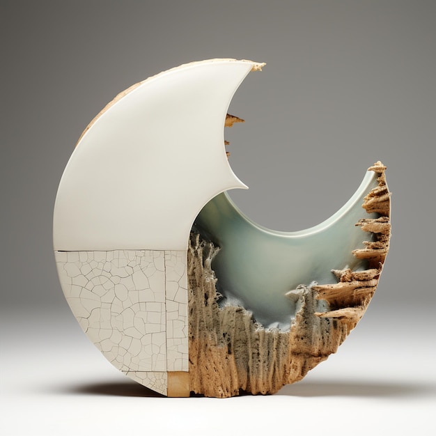 Dekonstruktion moderne Keramikskulptur unvollständige Schönheit Sonne Mond Verbundmaterialien Holz