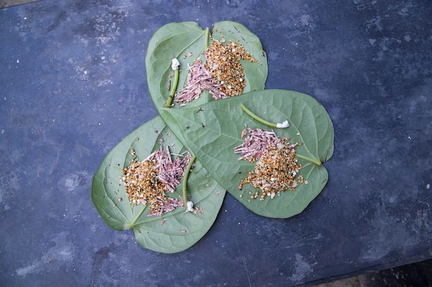 Dekoration Grünes Betelblatt auf dem Betonboden mit süßem Betelnuss-Masala und Limette