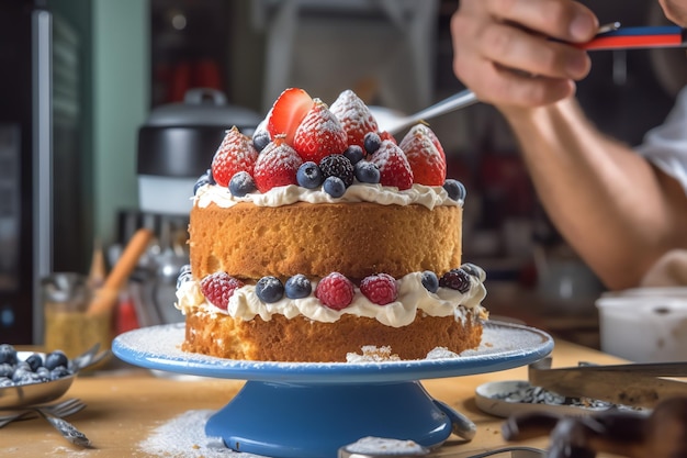 Dekoration von Kuchenkuchen auf dem Küchentisch professionell mit Chefhand