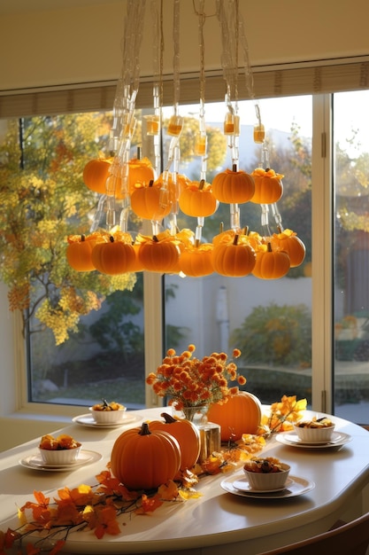 Dekorationsideen eines Landhauses für Herbstferien Herbstdekor mit Kranz und aufgehängten Kürbissen für Thanksgiving und Halloween