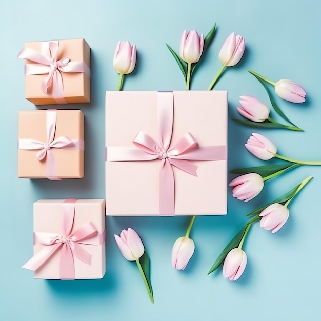 Dekorativ aus Tulpenblumenstrauß oder verpackter Geschenkbox für Muttertag oder Valentinstag mit Exemplar