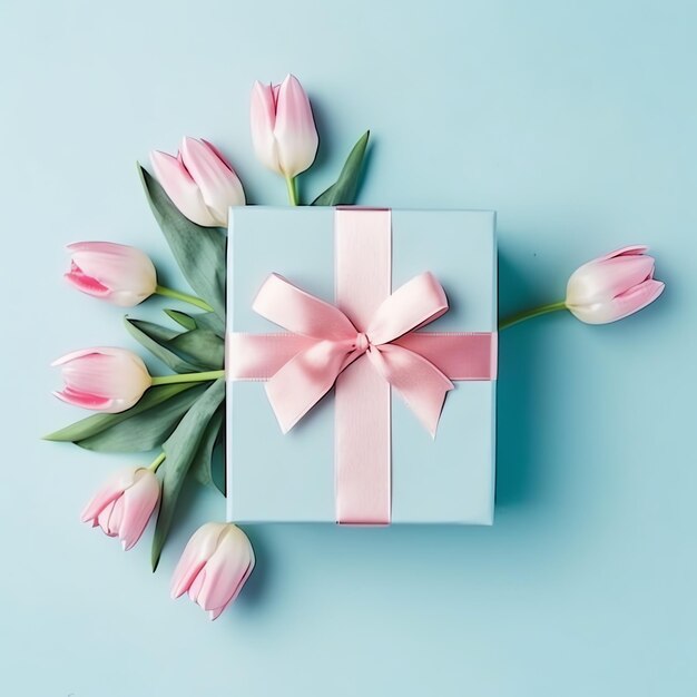 Dekorativ aus Tulpenblumenstrauß oder verpackter Geschenkbox für Muttertag oder Valentinstag mit Exemplar