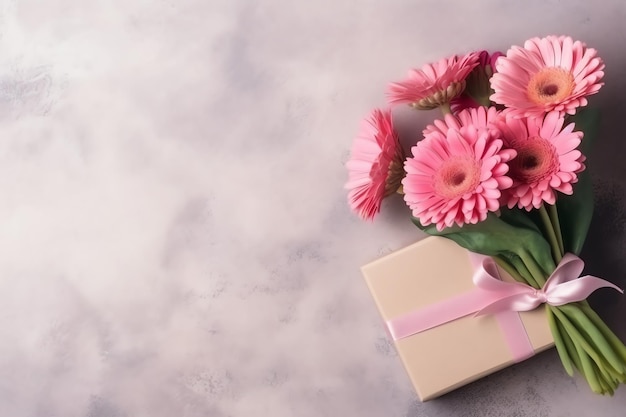 Dekorativ aus Tulpenblumenstrauß oder verpackter Geschenkbox für Muttertag oder Valentinstag mit Exemplar